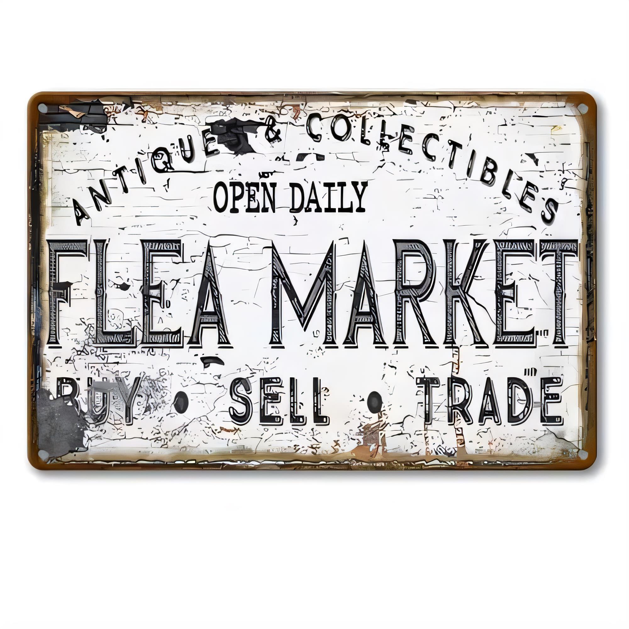 Vintage Collectible Tins - Blechschild Antik-Sammlerstücke Flohmarkt Open Daily Metall-Wandkunst