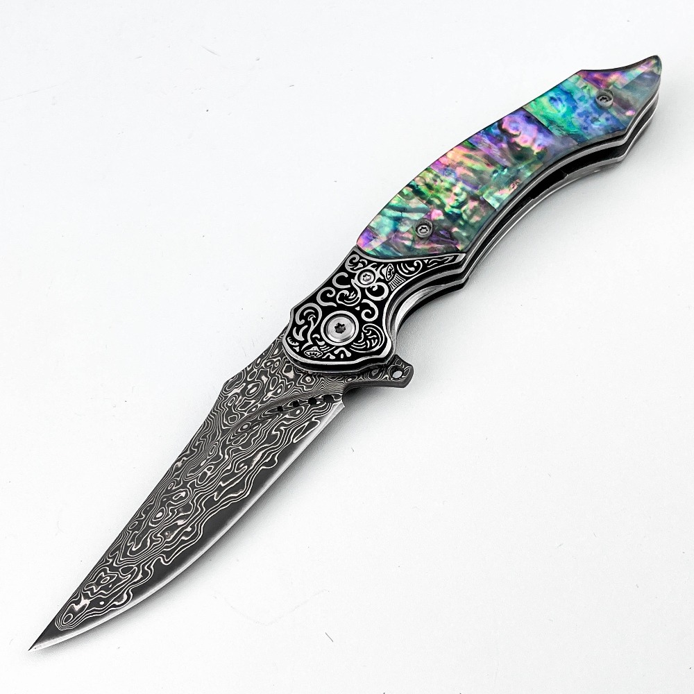 Vintage Collectible Knife - Neues Vintage-Messer mit Damastmuster-Klinge, schillerndem Abalone-Muschelgriff,