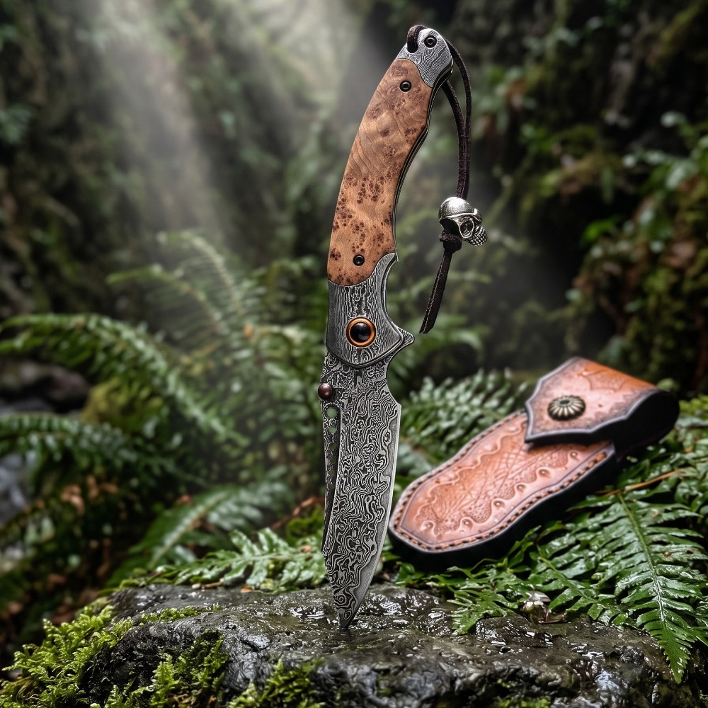 Vintage Collectible Knife - Hochwertiges Damastmuster-Klappmesser, Vintage Dekoratives Sammlerstück Taschenmesser