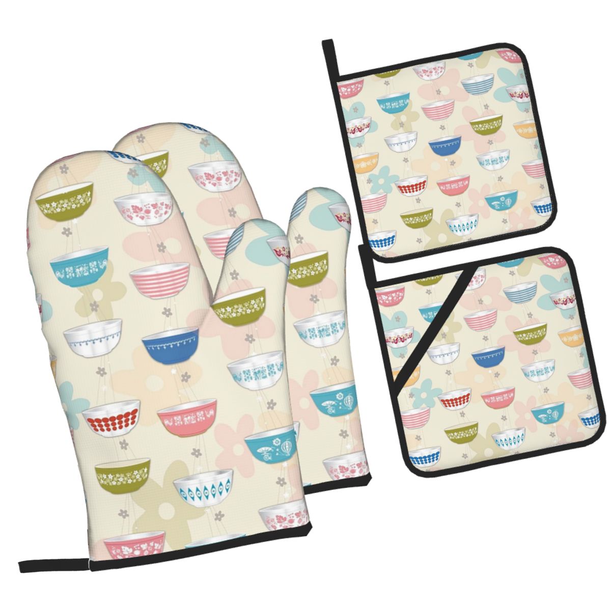 Vintage Collectible Pyrex - Vintage Pyrex Schüssel-Kollektion, Ofenhandschuhe und Topfuntersetzer,